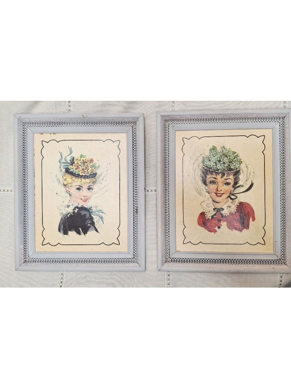 Set Of 2 vintage framed lithograph print Victorian-Style Ladies In Floral Hats R